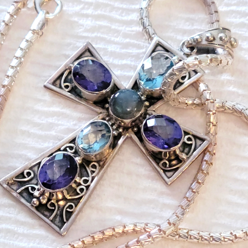 Nicky Butler multi gemstone cross pendant and chain. Blue Topaz, labradorite,